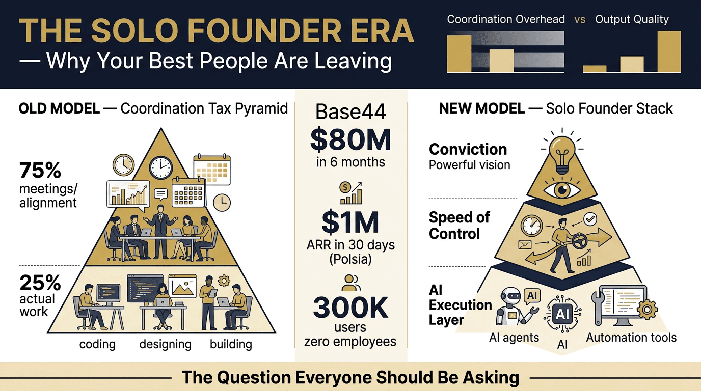 Executive Briefing: One solo founder just sold for $80M in 6 months. Your 50-person department is building the same thing for Q3. + the framework that explains why