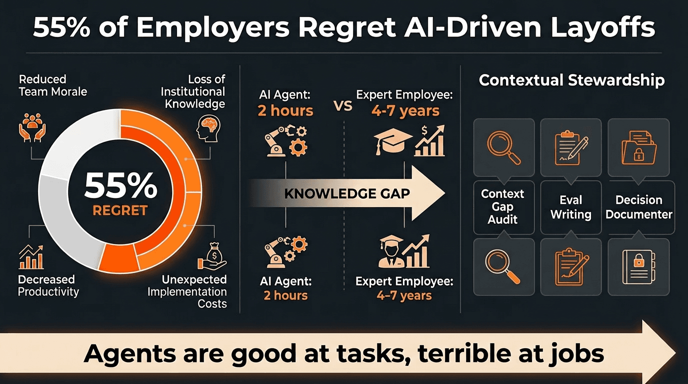 55% of employers regret AI-driven layoffs. The agents are good at tasks and terrible at jobs. Here's what that means for your team and the 3 prompts that close the gap.