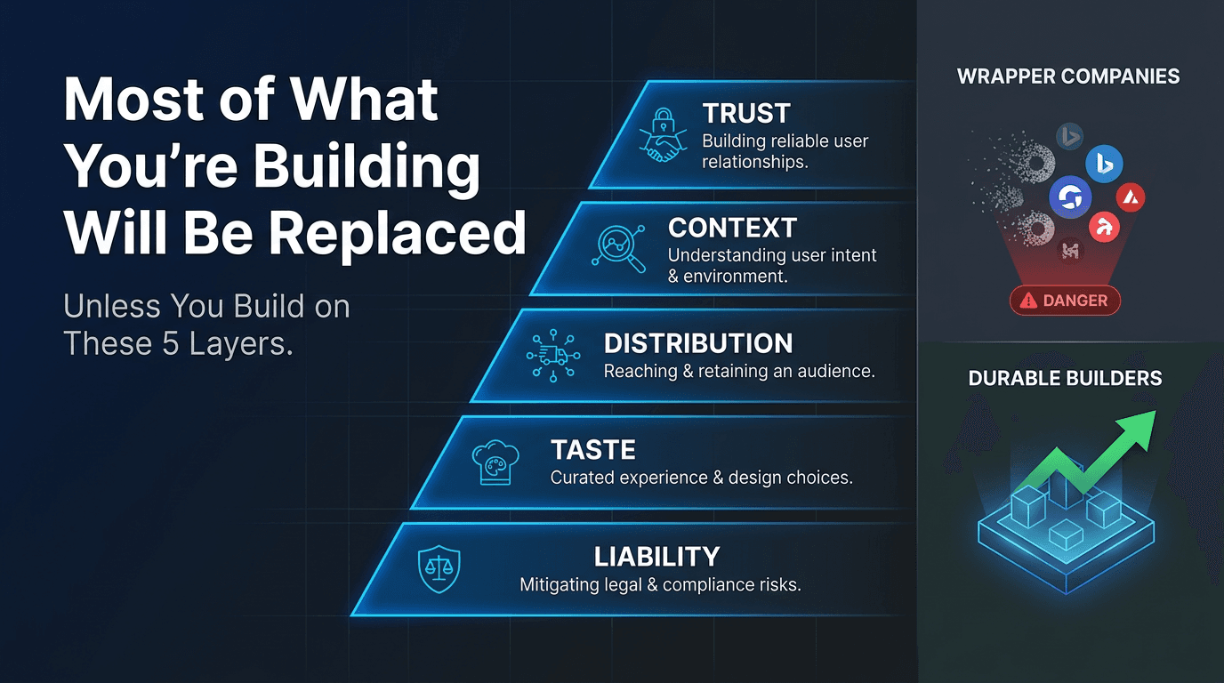 Most of What You're Building Will Be Replaced by a Better Model. Here Are the Five Layers Between You and Irrelevance.