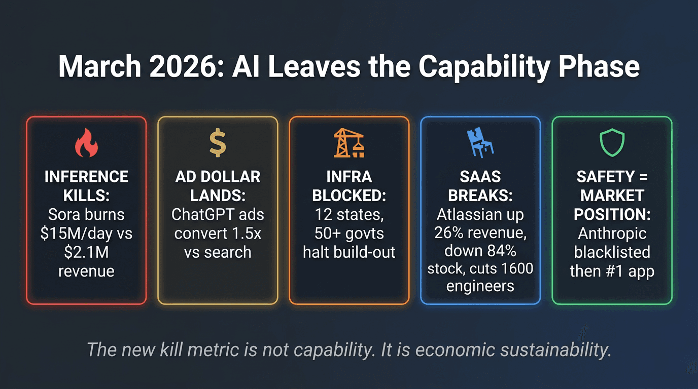 Sora died. Atlassian cut 1,600 engineers. Anthropic got blacklisted. The thread that connects them runs through your org.